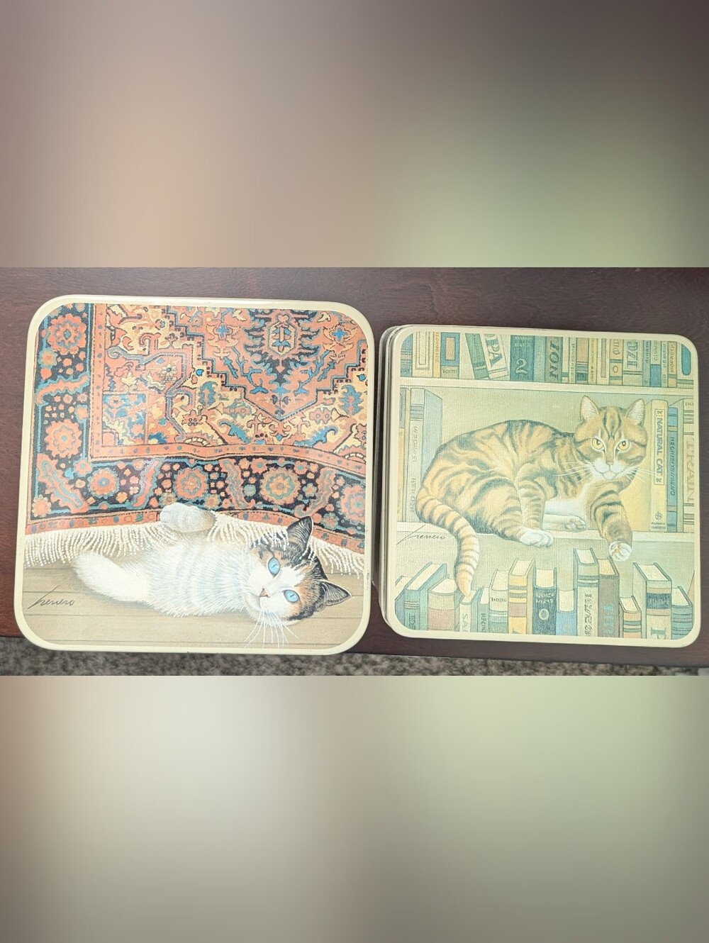 Vintage 1982 Lowell Herrero Stacking Kitty Cat Tin Box With Lids Set Of 2